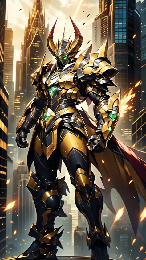 A man wearing a full-face helmet, a fantasy-style biotech armored combat suit, green eyes, (a composite layered chest armor), fully enclosed shoulder guards, matching arm and leg guards, the belt is adorned with 666 mark, (the color scheme is primarily red...