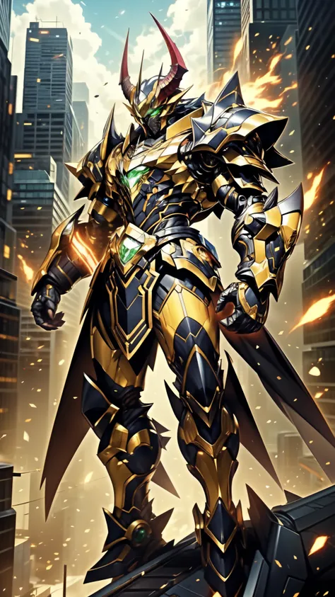A man wearing a full-face helmet, a fantasy-style biotech armored combat suit, green eyes, (a composite layered chest armor), fully enclosed shoulder guards, matching arm and leg guards, the belt is adorned with 666 mark, (the color scheme is primarily red...