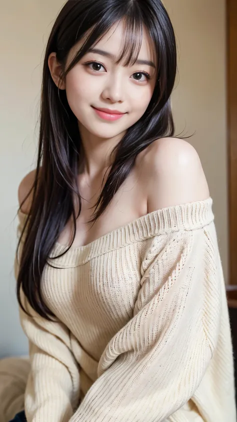 ((highest quality、Masterpiece、High resolution))、(((Zoom photo of upper body)))、(A shy smile:1.2)、One 15-year-old female、Beautiful Skin、Beautiful Eyes、Large Breasts、Off-the-shoulder sweater、Black Hair、Trimmed bangs、Short Bob