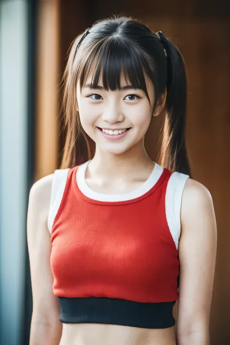 Lens 135mm f1.8, (highest quality),(RAW photo), , (Beautiful 16 year old Japanese girl), cute face, (deeply carved face:0.7), (freckles:0.6), ,dramatic , (japanese school (croptop) red tanktop), (inside the school), shy, low twintails, , (smile),, (sparkli...