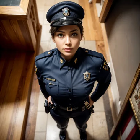 a policewoman, dressed as a policeman, cop suit, ordinance hat, stars, badge, handcuffs, gun, pants. (yes sfw).

complete dresse...