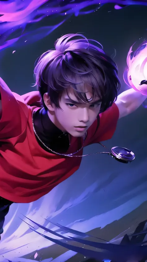 anime boy with a red shirt and a purple ball in his hand, realistic, high quality