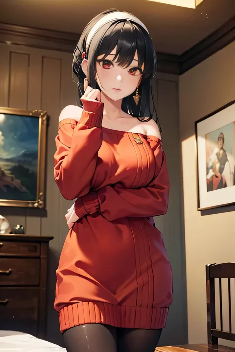 ((masterpiece、highest quality、High resolution:1.5))、1 girl、Her Room、(alone)、(Highly detailed face, Fine grain:1.8),(bbyorf, short hair with long locks, white hairband, red eyes, gold earrings, large breasts, jewelry, off shoulder, red sweater, sweater dres...