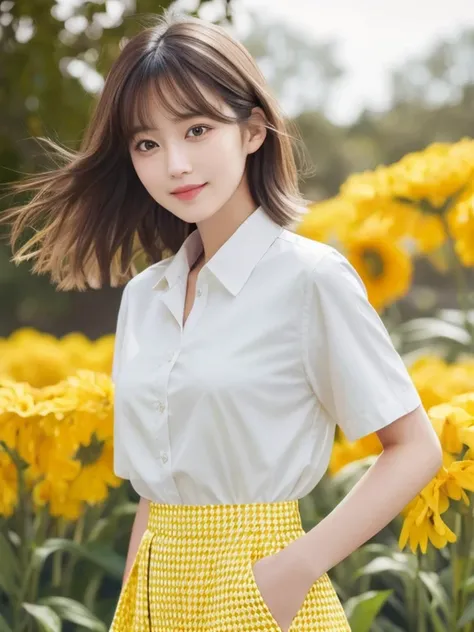 Beautiful Japanese Woman, Soft skin and a nice perfect face, A small face with a nose and rosy lips, Beautiful Eyes, Beautiful smile. black, Surrounded by a bright, ethereal glow、Thin, long, beautiful hair. A loose, short hairstyle with gradation highlight...