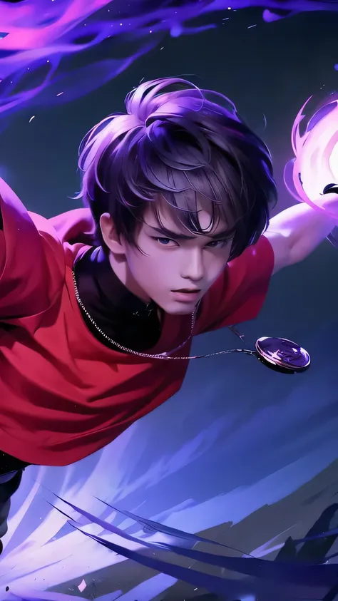 anime boy with a red shirt and a purple ball in his hand, realistic, high quality