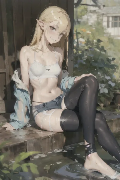 Girl Doll,Solitary,rest,The zipper is not closed,Blonde,elegant,Pointed ears,whole body,Chinese element pattern,thigh,Leaking thigh,full,camisole,short denim shorts,stocking,leggings,(Brushstrokes,Impressionism,painting,Rich scenery),Disheveled,Chest conto...