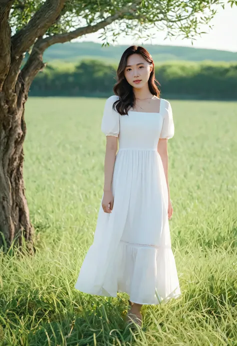 there is a woman standing in a field with a tree in the background, wearing a cute white dress, wearing white dress, wearing a white dress, a cute young woman, in a long white dress, wearing along white dress, white dress, shot on canon eos r5, shot on can...