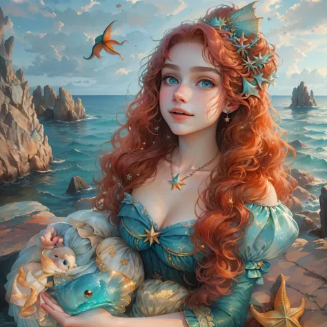 HighestQuali，tmasterpiece：1.2，Detailed details，A 16-year-old woman dressed up as a portrait of Ariel the Little Mermaid of Disney，Exquisite facial features，She held a starfish in her hand，She sits by the sea，There is foam everywhere