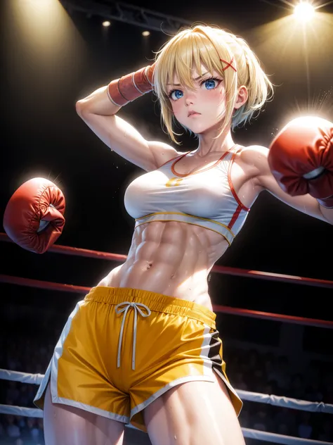 core_9、score_8_up、score_7_up、BREAK 1 girl、solo、Bulletbb、Brown Skin、Facial scars、short hair、Yellow boxing gloves、Sports Bra、sports shorts、Staring at the audience、Sweat、Boxing Ring、Combat Stance、Serious face、Lens flare、Abdominal muscles