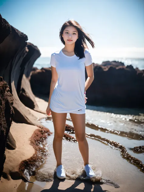 White T-shirt, Adorable,Hail 33, 18-year-old(1.0),(Scattered beneath the surface:1.1),Sharp focus,Award-winning photo,Professional portrait photography,Raw photo (Highly detailed background:1.2),(Fantasy:0), Dramatic lighting, Full body portrait, Are stand...