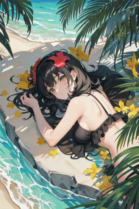 Black Hair, Black ruffled bikini, Small breasts, Top view, Lying down, Cool look, Tropical flowers, Shallow sandy beach