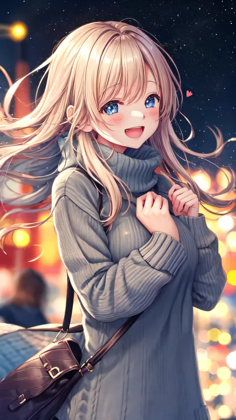 Wide landscape view in a busy city , theres a girl, cosy sweater on, upper body, (huge Laughing:1.1), (open mouth:1.1), (wide open eyes:1.2), bokeh, depth of field, blurry background, light particles, strong wind, (heart particles:1.1) , night time . 