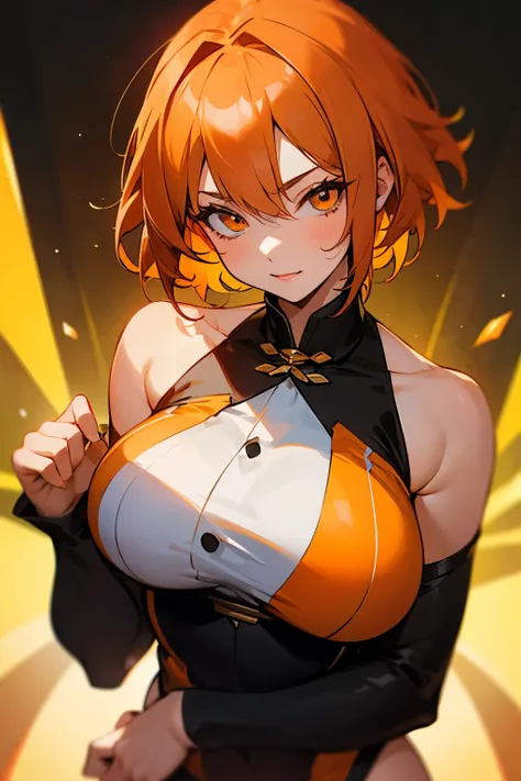 Girl, short orange hair, beautiful orange eyes, big breasts, Attractive, 🧡🟠