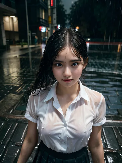 (Leica 10772 M-P, 85mm macro lens, F/8 aperture, film still), (RAW shooting, Photoreal:1.5, 8K, highest quality, masterpiece, ultra high resolution), (((Typhoon heavy rain))), raining, Highly detailed skin and facial textures:1.2, Japanese girl, 18 years o...