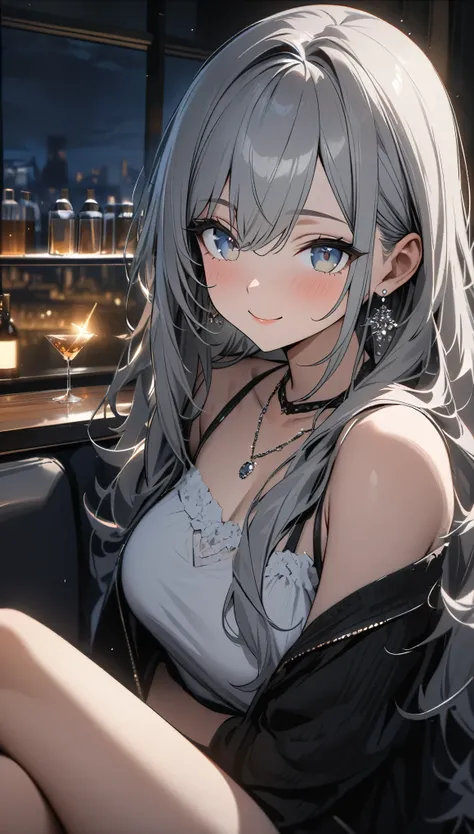 masterpiece, highest quality, Ultra-high resolution, Ultra-fine, 4K, 8k, highest quality, beautiful, Cute Woman, alone, (beautiful,Gray Hair, beautiful eyes, Long Hair, smile), bar,Crossing your legs,night,necklace, Earrings, accessories,glass,Great lighti...