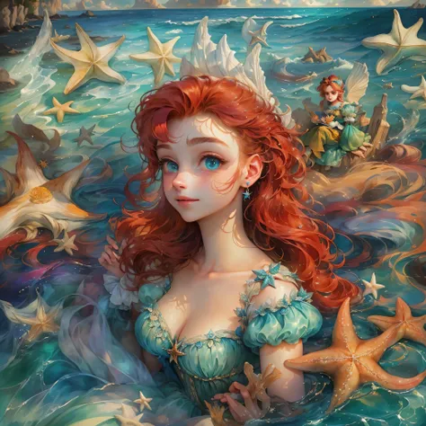 HighestQuali，tmasterpiece：1.2，Detailed details，A 16-year-old woman dressed up as a portrait of Ariel the Little Mermaid of Disney，Exquisite facial features，She held a starfish in her hand，She sits by the sea，There is foam everywhere