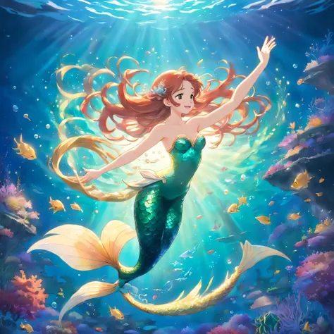 A mermaid dancing with grace in the depths of the ocean, Surrounded by shimmering pearls, In your underwater kingdom, Your heart filled with hope and your radiance is the light that guides your path."