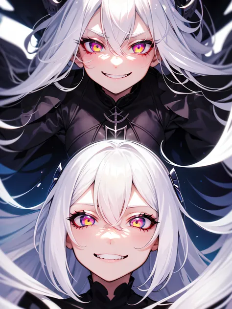 Von der Seite, 1 girl, white hair, lila Augen, glowing eyes, evil smile, (schattiertes Gesicht:1.2),