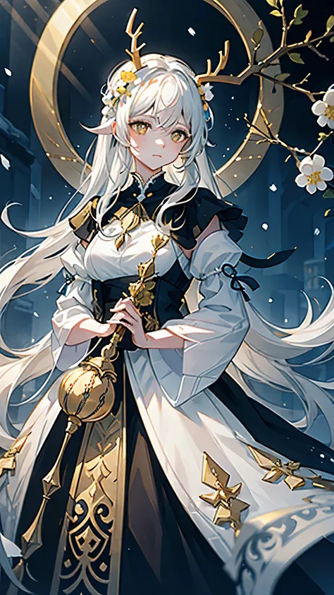 A woman with white antlers，Many white flowers grow on the corners，Snow-white hair hangs on it，Wearing priestly clothing，Holding a golden staff，To see a golden gourd hanging