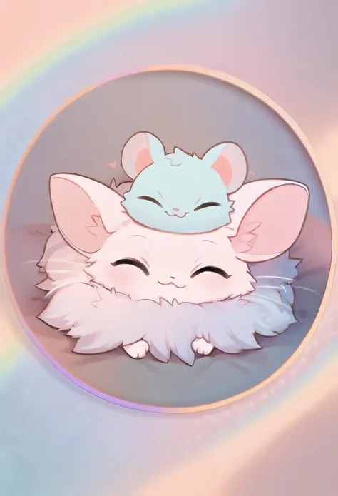 chibi, super deformed, furry, funny, fluffy, best quality, masterpiece, cat and mouse taking a nap, feeling safe when they are close together, friendly, cute, cute pose, pastel color fluffy image effect background