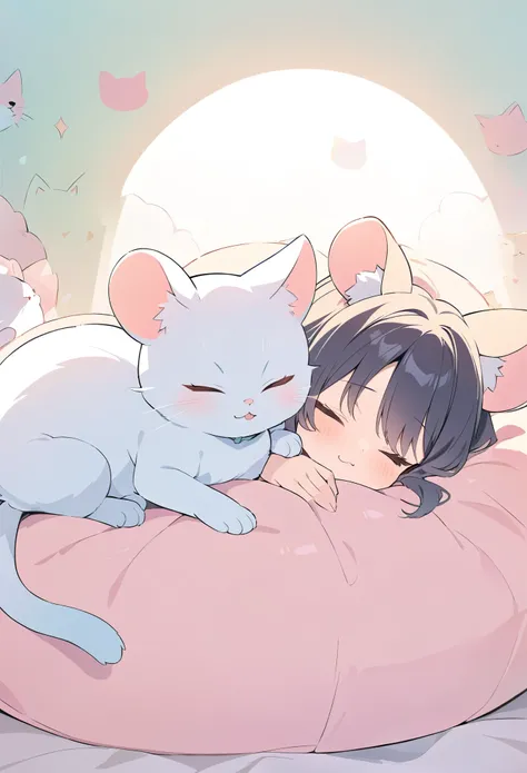 best quality, masterpiece, cat and mouse taking a nap, feeling safe when they are close together, friendly, cute, cute pose, pastel color fluffy image effect background