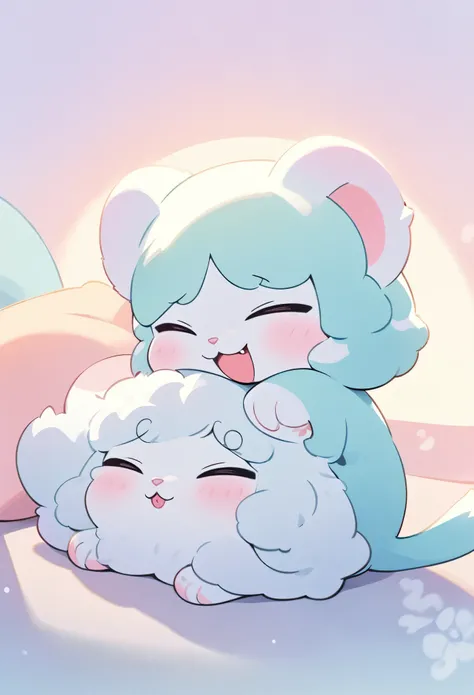 chibi, super deformed, furry, funny, fluffy, best quality, masterpiece, cat and mouse taking a nap, feeling safe when they are close together, friendly, cute, cute pose, pastel color fluffy image effect background