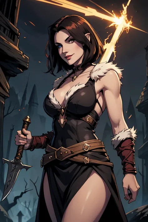 Dnd fantasy character,  barbarian sorceress,  pale skin, female vampire, dark hair, short square hair . Fur trim.  Axe. sly smile. Electricity sparks from her arms and hands.