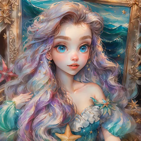 HighestQuali，tmasterpiece：1.2，Detailed details，A 16-year-old woman dressed up as a portrait of Ariel the Little Mermaid of Disney，Exquisite facial features，She held a starfish in her hand，She sits by the sea，There is foam everywhere