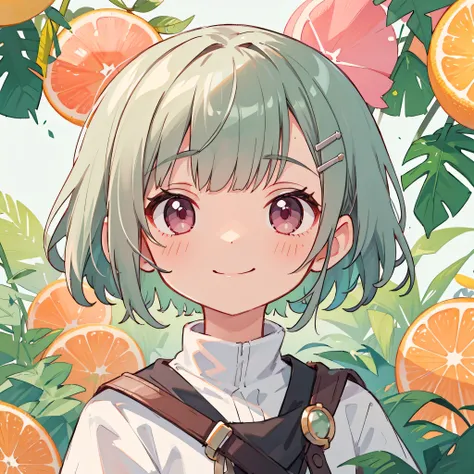 Single Portrait、girl、smile、impression、(Oil)、Green and orange tones、Short silver bob hair held together with a hair clip、Pink Eyes