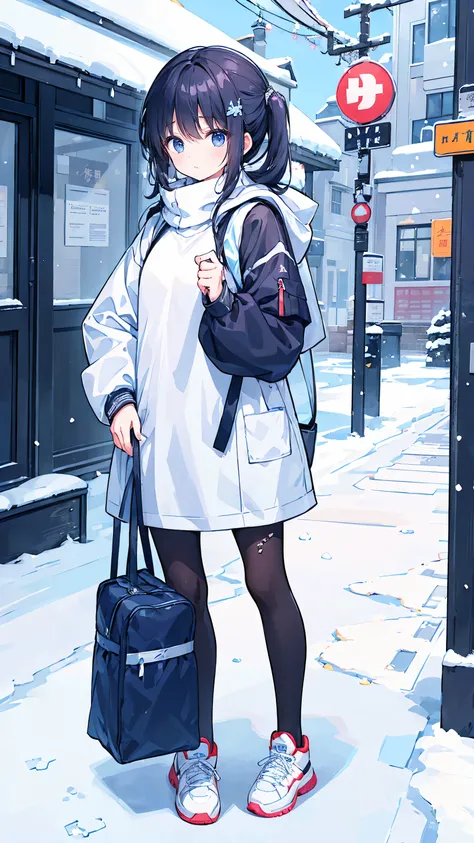 Woman in sweatshirt, Standing in the snow, With a straight face, close, Inspired by Cai Xukun, Shin Jinying, Cheng Yanjun, Luan Zhang, bian luan, Jia Ruian