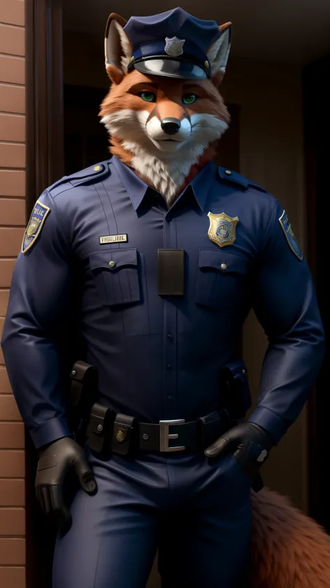 an adult muscular male Fox fursuit alone in the United States posing for the camera and looking at the viewer Seductive smile and green eyes (sexy police outfit)