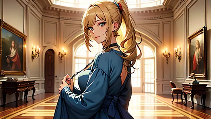 ((highest quality)), ((masterpiece)), (detailed), Perfect Face、room、blonde、Straight Hair、ponytail、Blue Dress、Earrings、necklace、look back、