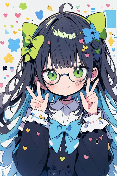 (cute illustration:1.5),1girl, solo, (Delighted:1.3),long hair, blush, bangs, shirt, black hair, long sleeves, bow, closed mouth, green eyes, blue hair, peace sign,upper body, hair bow, multicolored hair, glasses, happy smile, two-tone hair, sleeves past w...