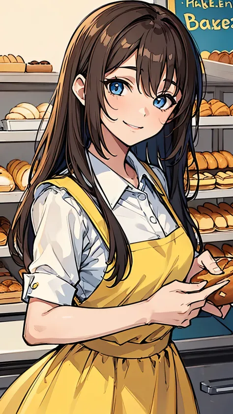 ((best quality)), ((masterpiece)), 1girl, girl, smiling shyly, brown hair, long hair, blue eyes, pretty hair, wearing a blouse, yellow blouse, white apron owner of a bakery, inside a bakery, a sweet person with a big heart