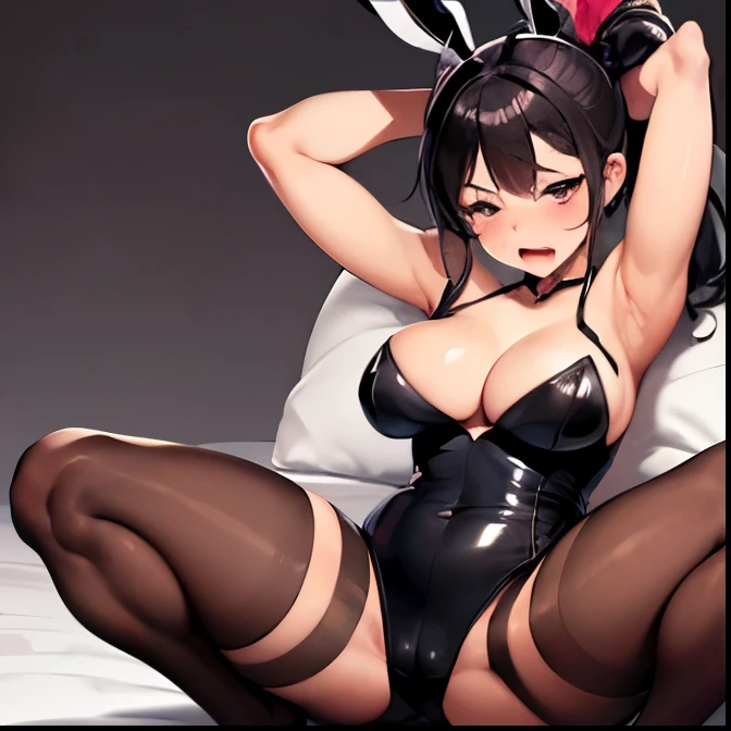 BDSM,rope,shibari,face up,fullbody,bed,ponytail,hair,wome,orgasm,Arms behind head,torn pantyhose,armpit,see-through,medium cleavage,bunny girl