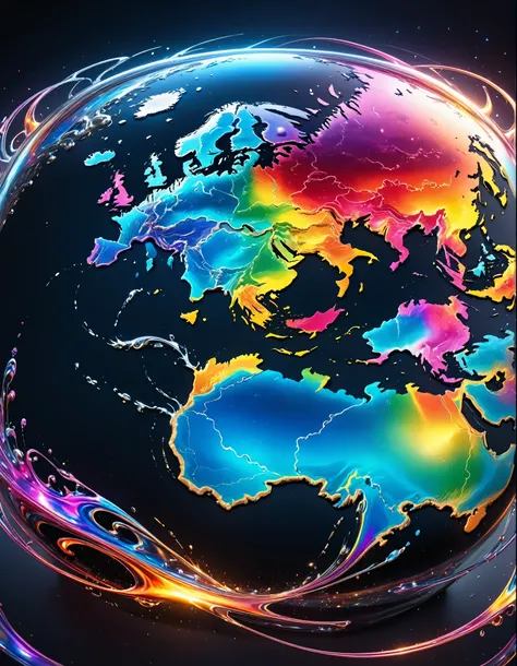 World map drawn with liquid metal isolated on black background,Dark background highlights the beauty of liquid metal,Draw land with silver liquid metal on high-quality black leather,Smooth and beautiful liquid metal,Shining with a faint rainbow color,mater...