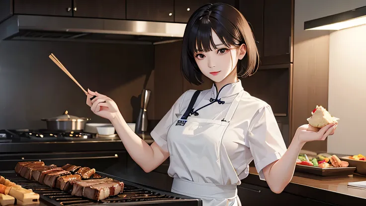 Chinese beauty with medium to short straight hair wearing a white chef apron,Holding freshly grilled steak in hands in dark kitchen