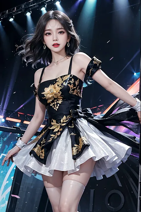 Idol Stage, idol dress, An idol performing on a vibrant stage, captivating the audience with their presence and talent, surrounded by an energetic crowd ((idol:1.1), live performance, vibrant atmosphere, stage lights, enthusiastic fans). The idol is dresse...