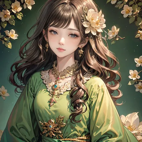 (best quality,8k,cg,detailed upper body,,girl,flower dress,forest background,expressive facial features,elegant long hair,almond...