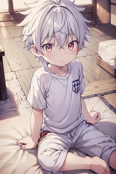 1boy, aoi, masterpiece, ultra detail, male focus, soccer shirt, adorable captivating, white hair , red eyes , white albine skin, sit on tatami japanese style
 