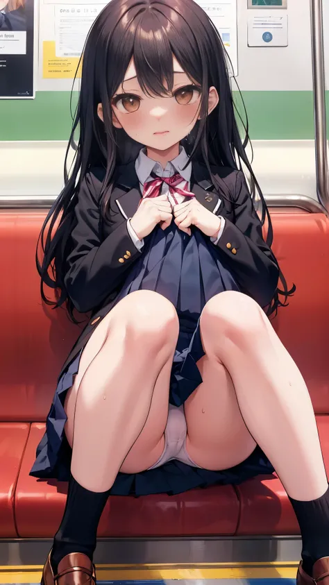 NSFW,4K,Gal:1.3,Anatomically correct,school uniform:1.3,A pure and innocent girl, Very cute face, Like an idol, (masterpiece:1.2), (high quality), panties, loose socks, Hip, Blue Skirt, alone, Blazer Type, loose socks, Lifting clothes, Brown eyes, pure gaz...