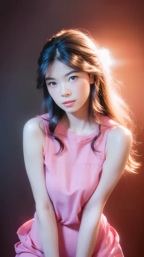 Gentle portrait of a beautiful Asian woman, flowing hair, captivating blue eyes, delicate features, radiant smile, natural makeup, elegantly dressed, ((Pink colour GRACE KARIN Boatneck Sleeveless Vintage Tea Dress)),gentle expression, slight blush, warm sk...