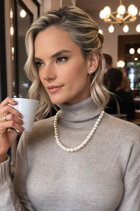 portrait of a woman in a cafe, gray turtleneck sweater, pearl necklace, hair in a bun, 8k, photorealistic, woman 35 years old, b...