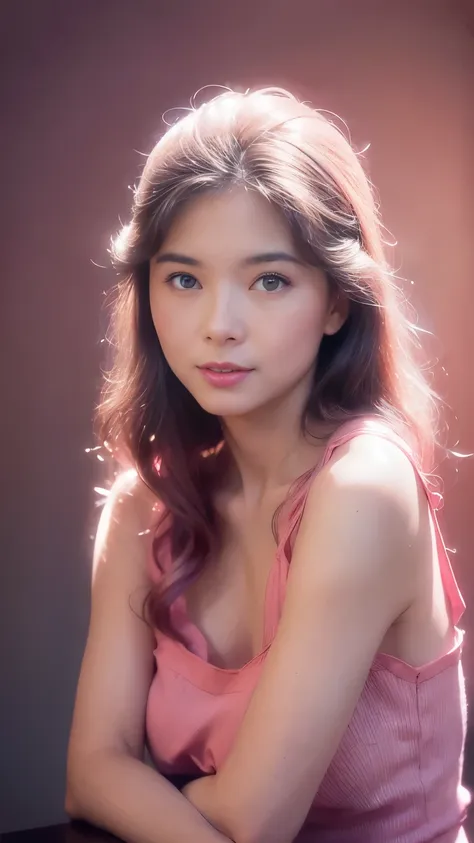 Gentle portrait of a beautiful Asian woman, flowing hair, captivating blue eyes, delicate features, radiant smile, natural makeup, elegantly dressed, ((Pink colour GRACE KARIN Boatneck Sleeveless Vintage Tea Dress)),gentle expression, slight blush, warm sk...