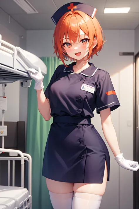 1girl, solo, nurse, nurse cap, white nurse uniform, ((white legwear, zettai ryouiki)), white gloves, very short hair, orange hai...