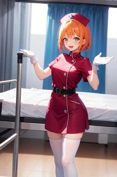 1girl, solo, nurse, nurse cap, white nurse uniform, ((white legwear, zettai ryouiki)), white gloves, very short hair, orange hai...