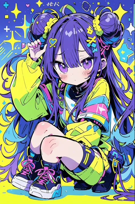 dynamic_anime_style, double_buns, purple_eyes, crouching, determined_expression, futuristic_outfit, colorful_clothing, blue, yel...