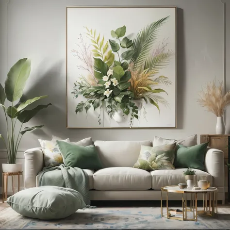 a close up of a couch with pillows and a painting on the wall, botanical poster, realistic shaded lighting poster, tropical mood, poster colour on canvas, 8 k highly detailed art, extremely high quality artwork, highly detailed fine art, elegant and refine...