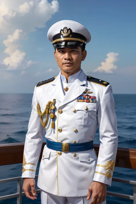 "Imagine a high-ranking Indonesian naval officer standing proudly on the deck of a formidable battleship. His posture is erect, exuding authority and confidence. He wears a pristine white naval uniform adorned with medals and insignia that signify his rank...
