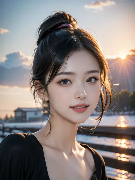 (highest quality,masterpiece:1.3,Ultra-high resolution),(Very detailed,8k), (Realistic:1.4, RAW shooting),Sunset sky,Japanese,17 years old,smile,Black Short Hair,Black Shirt,Bust up shot,Face Focus,Face close-up,Natural light,Illuminate from below,Professi...